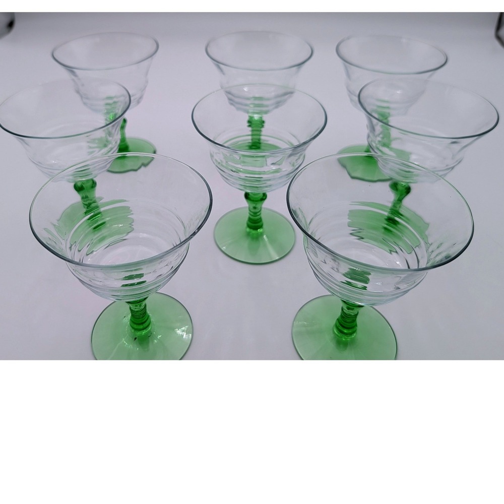 Vintage Optic Ribbed Cocktail Glasses Green Beehive Stem Clear Bowl Set of 7
